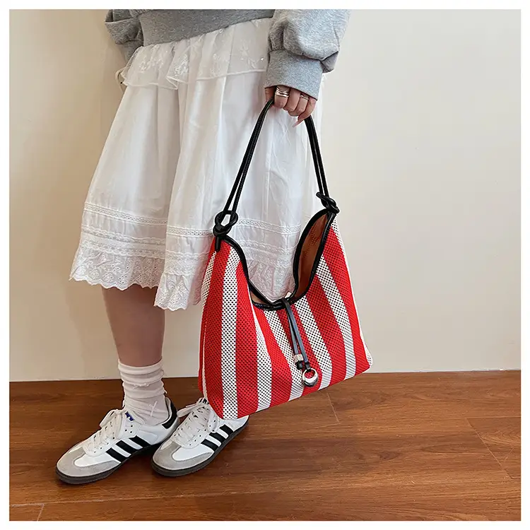 Red Striped Women's Shoulder Bag with Black Handle — feature 15