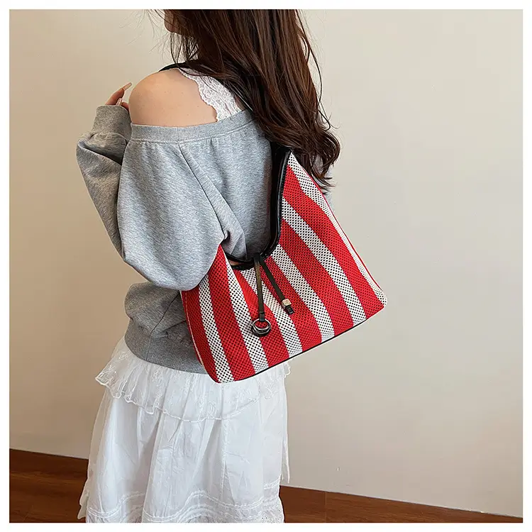 Red Striped Women's Shoulder Bag with Black Handle — feature 17