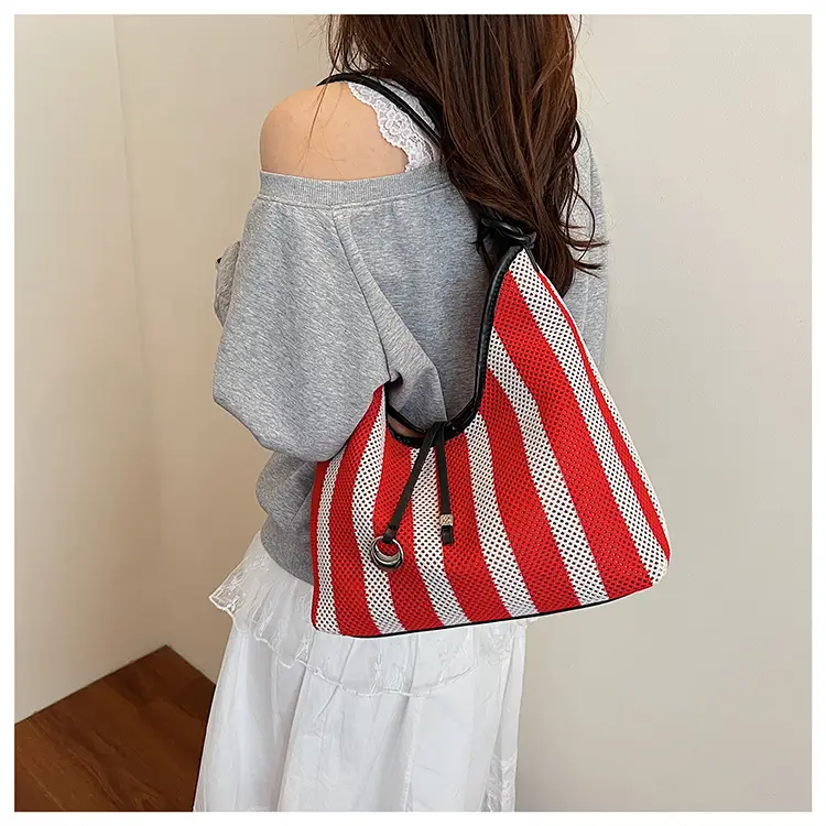 Red Striped Women's Shoulder Bag with Black Handle — feature 18