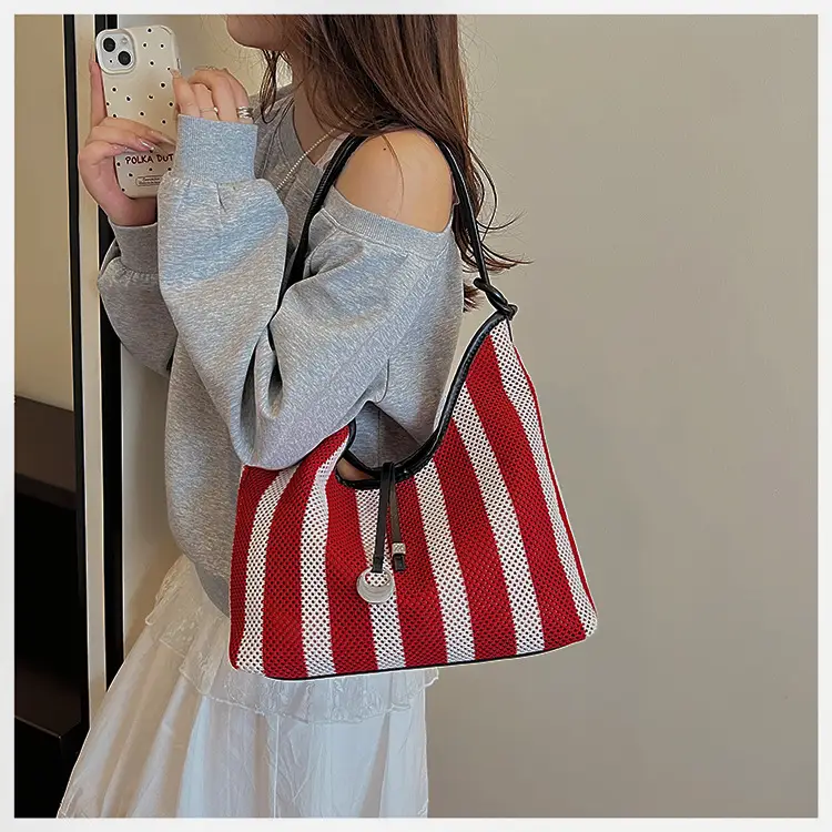 Red Striped Women's Shoulder Bag with Black Handle — feature 19