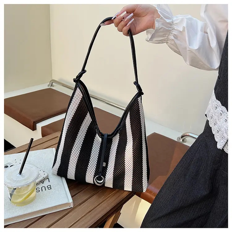 Red Striped Women's Shoulder Bag with Black Handle — feature 20