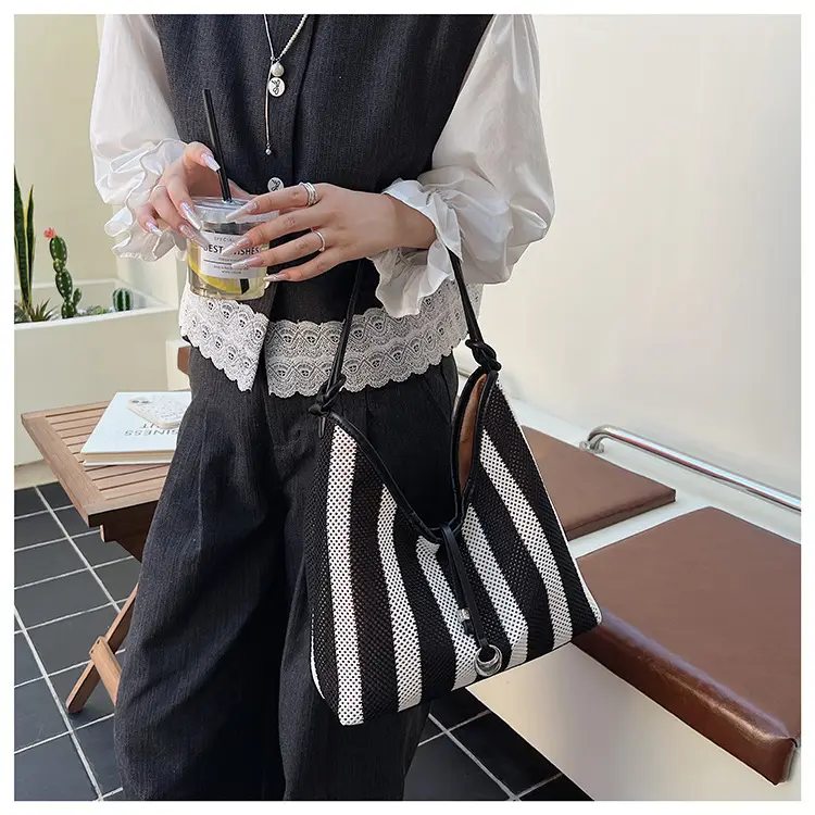 Red Striped Women's Shoulder Bag with Black Handle — feature 21