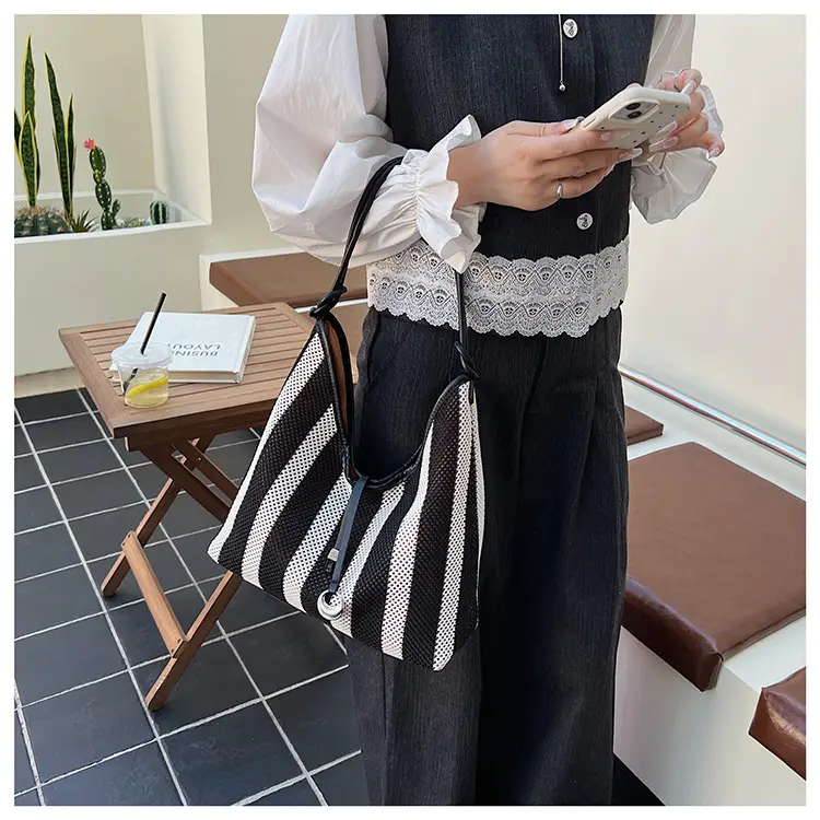 Red Striped Women's Shoulder Bag with Black Handle — feature 22