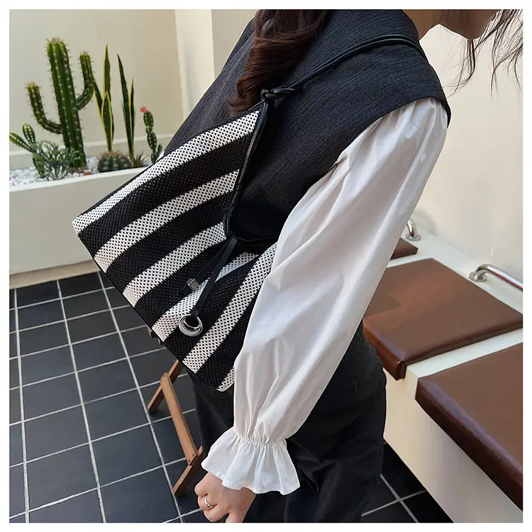 Red Striped Women's Shoulder Bag with Black Handle — feature 23