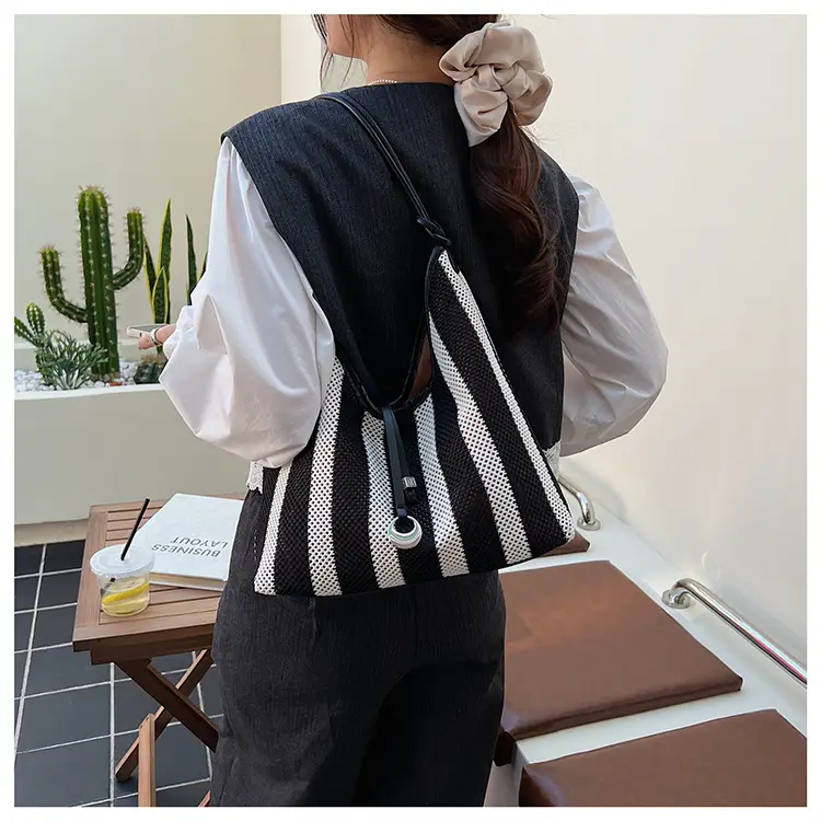 Red Striped Women's Shoulder Bag with Black Handle — feature 24