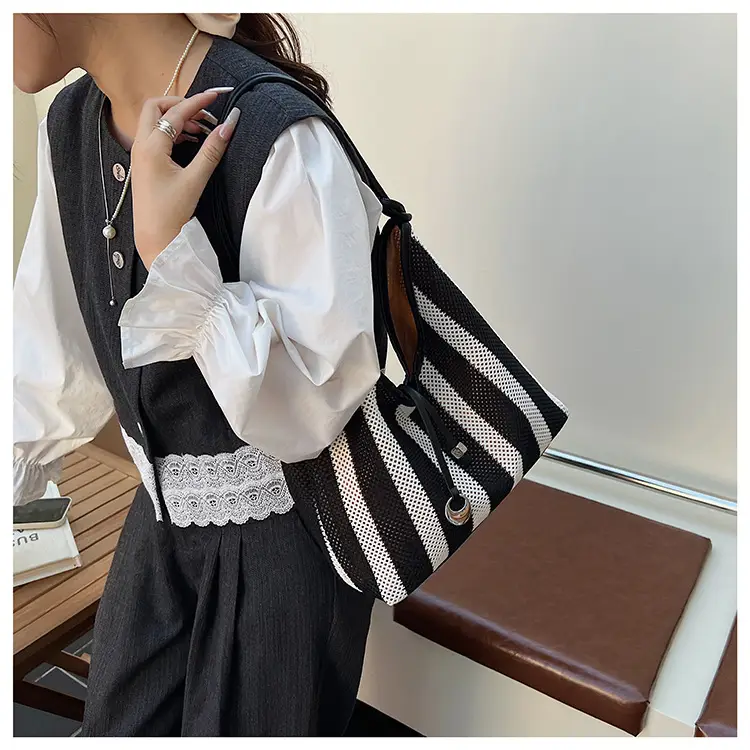 Red Striped Women's Shoulder Bag with Black Handle — feature 25