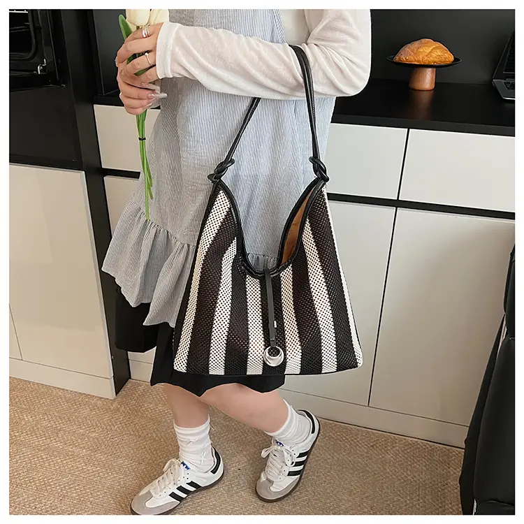 Red Striped Women's Shoulder Bag with Black Handle — feature 26
