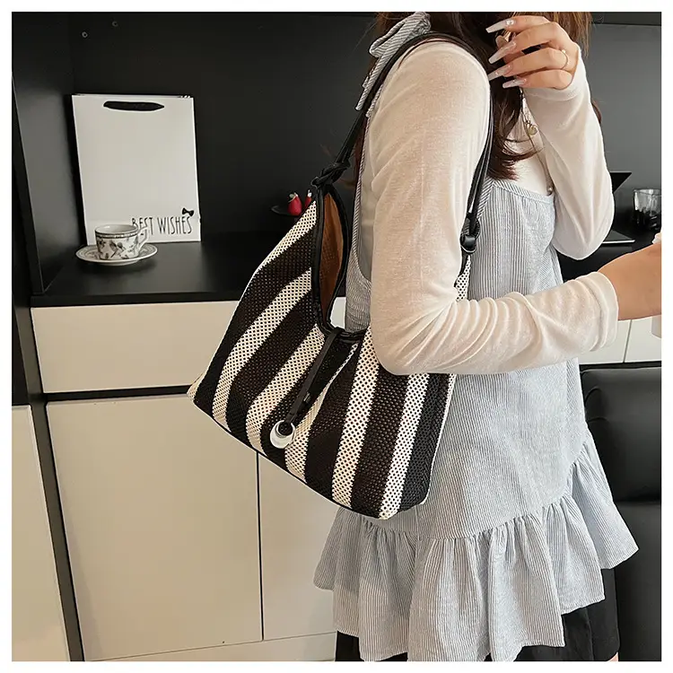 Red Striped Women's Shoulder Bag with Black Handle — feature 27