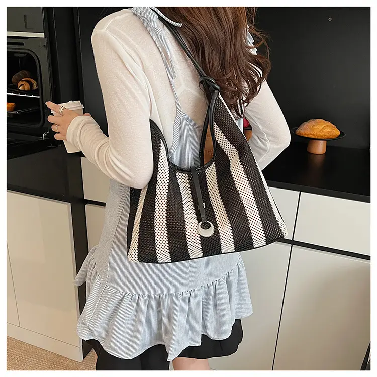 Red Striped Women's Shoulder Bag with Black Handle — feature 28