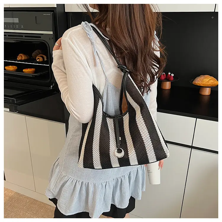 Red Striped Women's Shoulder Bag with Black Handle — feature 29