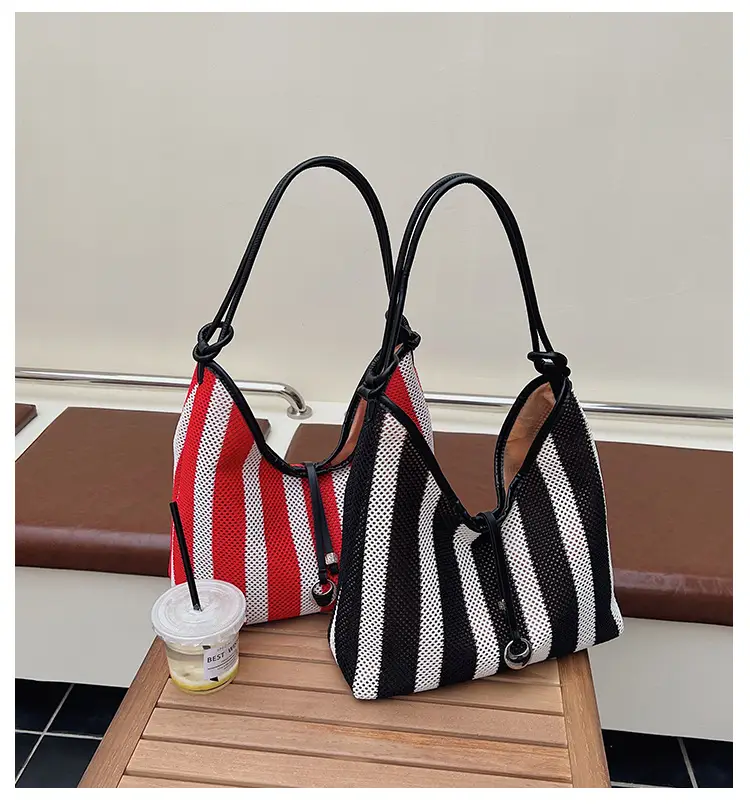 Red Striped Women's Shoulder Bag with Black Handle — feature 3