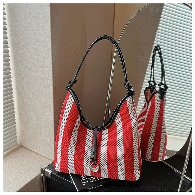 Red Striped Women's Shoulder Bag with Black Handle — feature 30