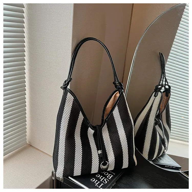 Red Striped Women's Shoulder Bag with Black Handle — feature 31