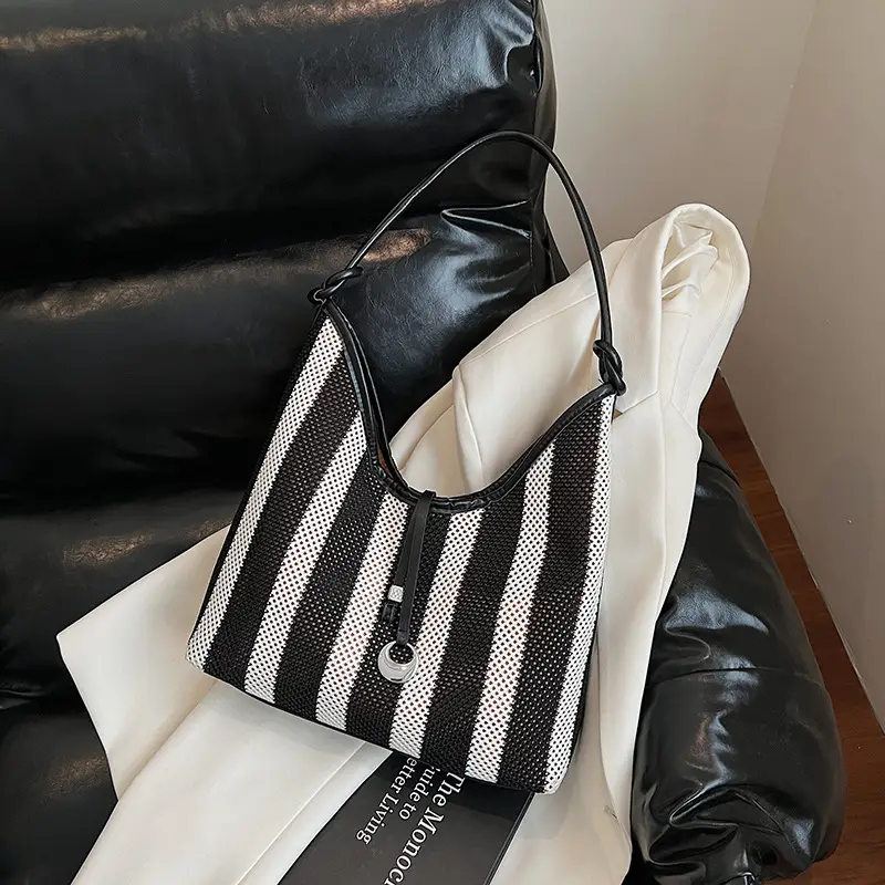 Red Striped Women's Shoulder Bag with Black Handle