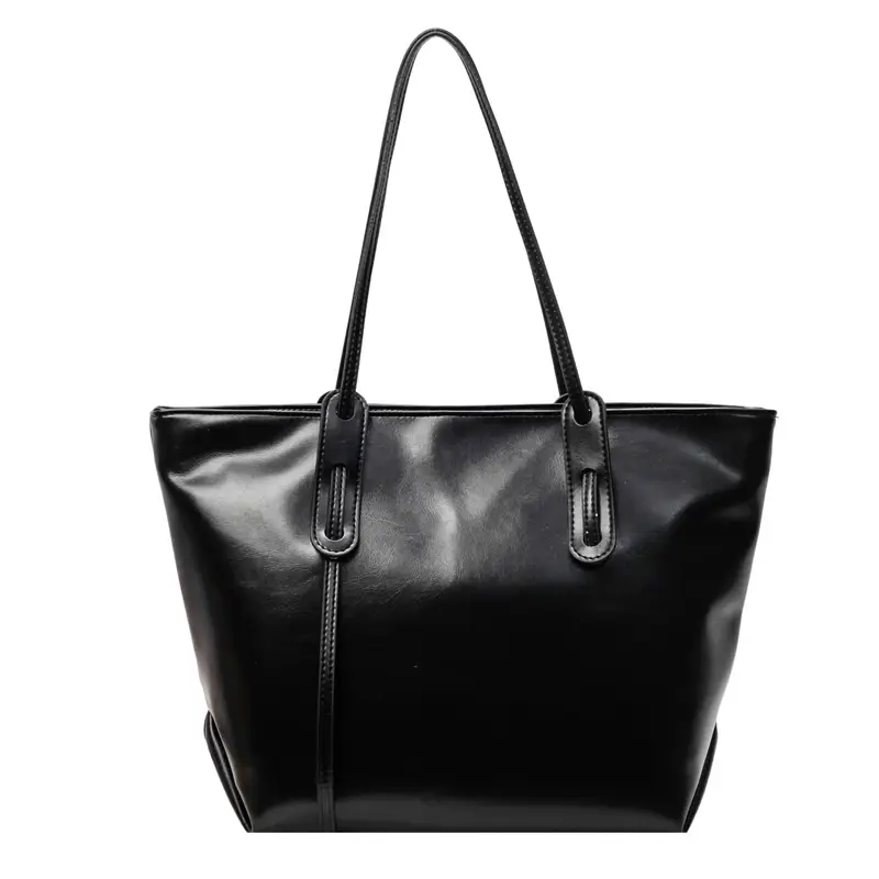 Black Leather Tote Bag for Women Large Capacity Shoulder Bag
