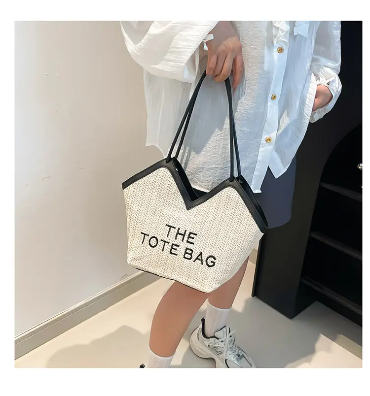 Women's Straw Bag with "THE TOTE BAG" Print — feature 14