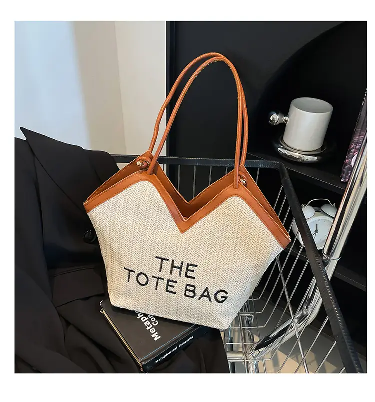 Women's Straw Bag with "THE TOTE BAG" Print - Image 3