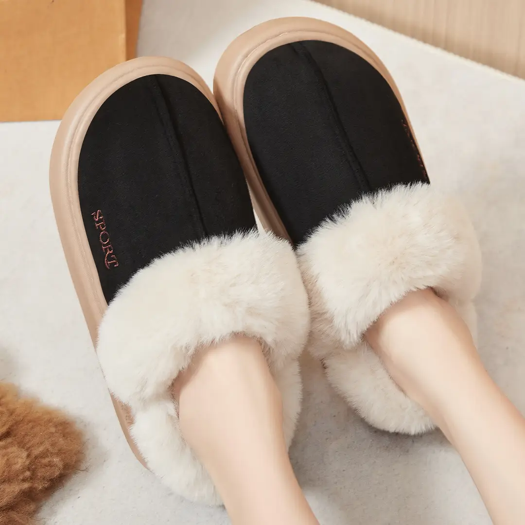 Women's Winter Cross-Border Style Large Fur-Lined Cotton Slippers, European and American Fashion Home Cotton Shoes, Non-Slip Eva Sole Simple Slippers