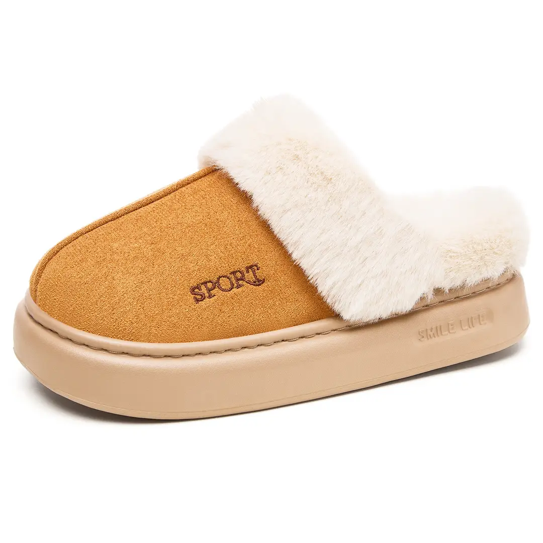 Women's Winter Cross-Border Style Large Fur-Lined Cotton Slippers, European and American Fashion Home Cotton Shoes, Non-Slip Eva Sole Simple Slippers