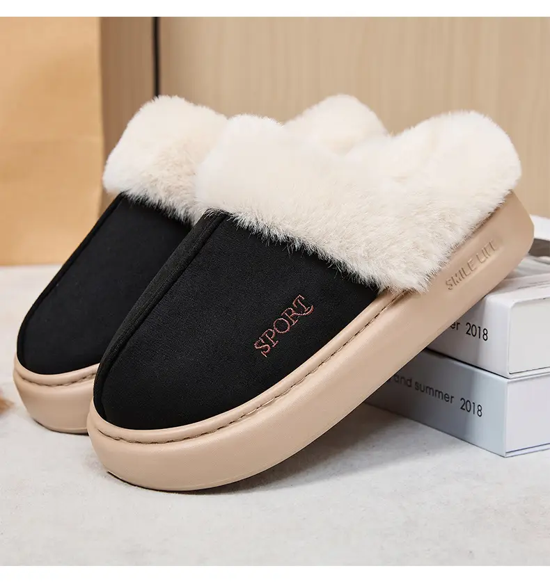 Women's Winter Cross-Border Style Large Fur-Lined Cotton Slippers, European and American Fashion Home Cotton Shoes, Non-Slip Eva Sole Simple Slippers — feature 14