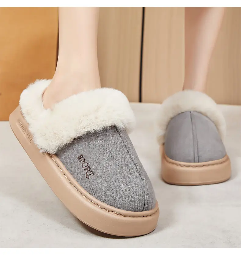 Women's Winter Cross-Border Style Large Fur-Lined Cotton Slippers, European and American Fashion Home Cotton Shoes, Non-Slip Eva Sole Simple Slippers — feature 17