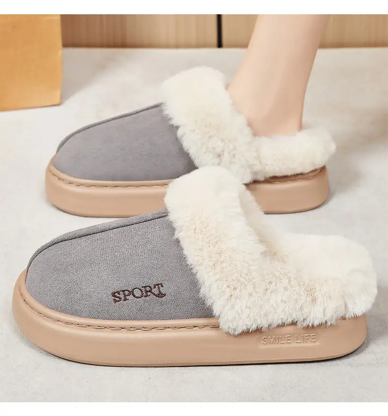 Women's Winter Cross-Border Style Large Fur-Lined Cotton Slippers, European and American Fashion Home Cotton Shoes, Non-Slip Eva Sole Simple Slippers — feature 18