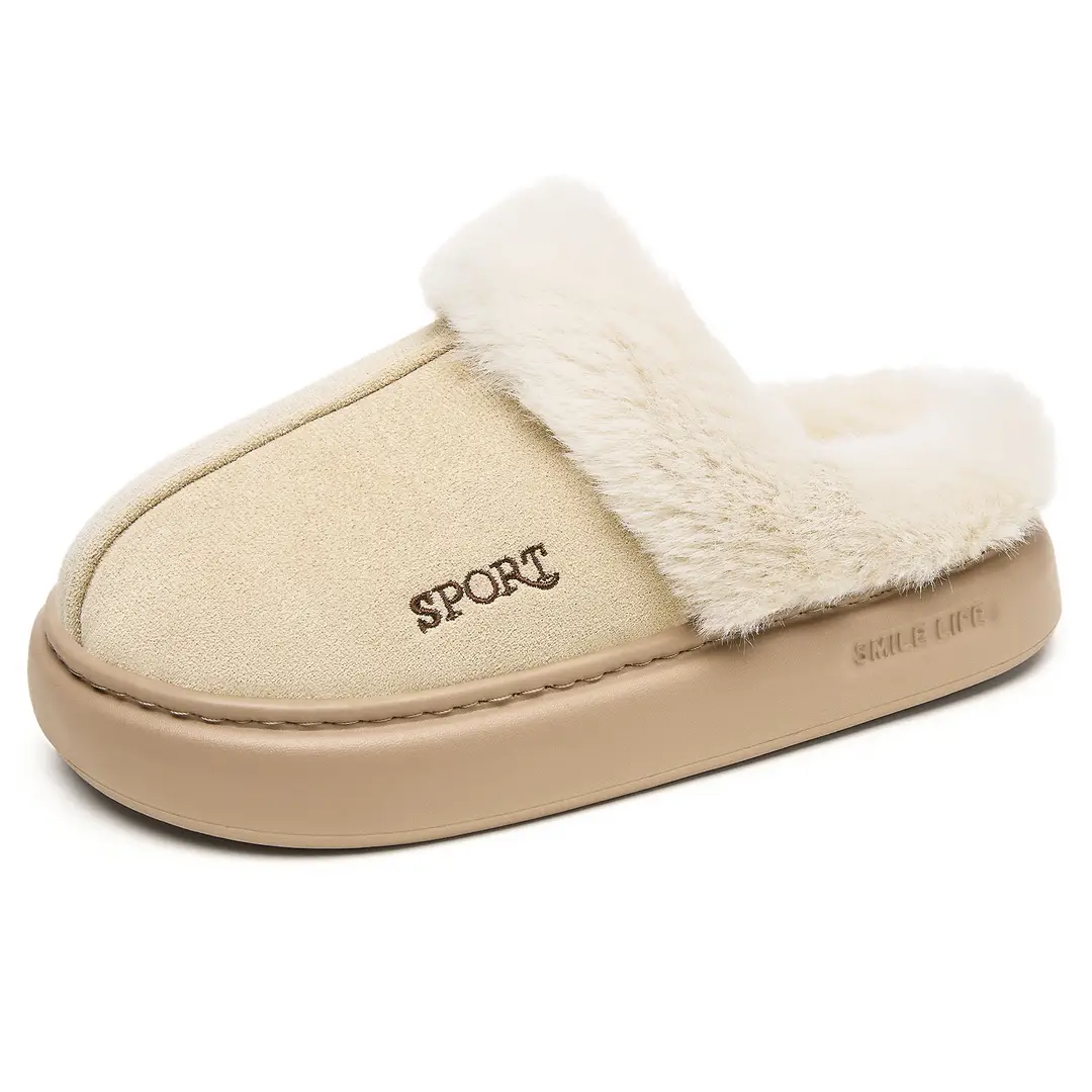 Women's Winter Cross-Border Style Large Fur-Lined Cotton Slippers, European and American Fashion Home Cotton Shoes, Non-Slip Eva Sole Simple Slippers