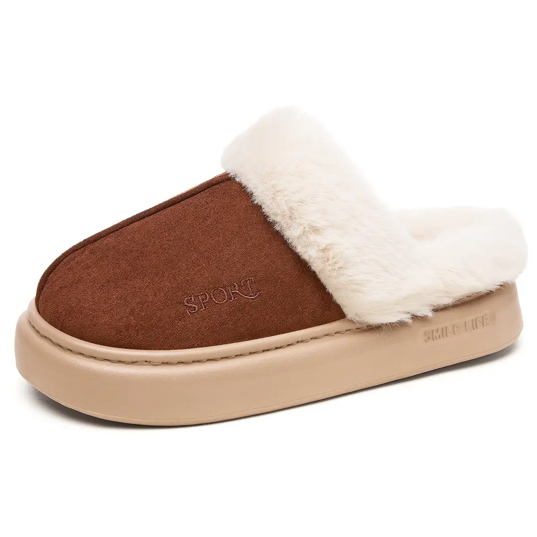 Women's Winter Cross-Border Style Large Fur-Lined Cotton Slippers, European and American Fashion Home Cotton Shoes, Non-Slip Eva Sole Simple Slippers