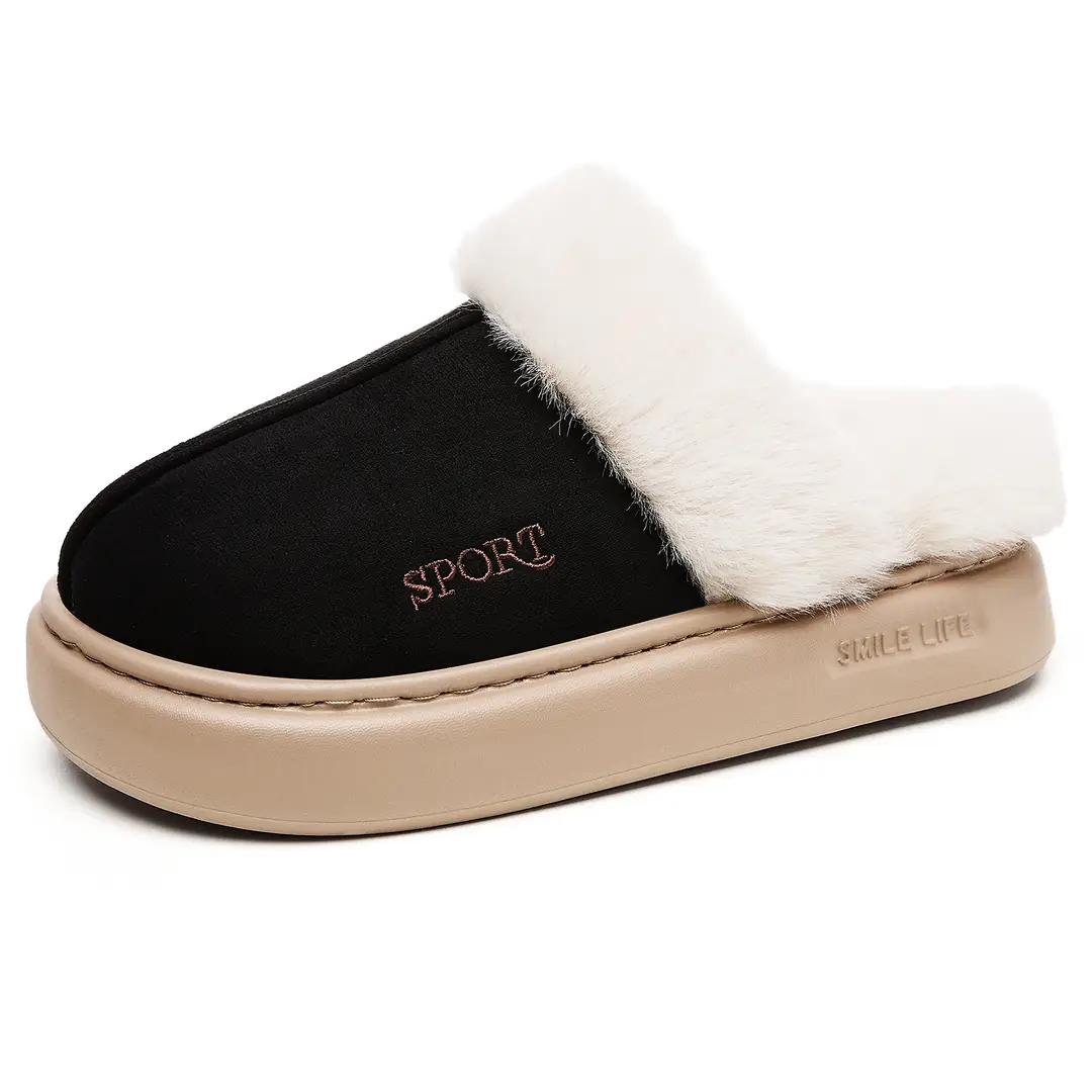 Women's Winter Cross-Border Style Large Fur-Lined Cotton Slippers, European and American Fashion Home Cotton Shoes, Non-Slip Eva Sole Simple Slippers