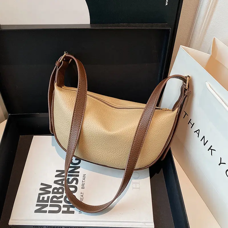 Beige Crossbody Bag with Brown Strap for Women - Image 4