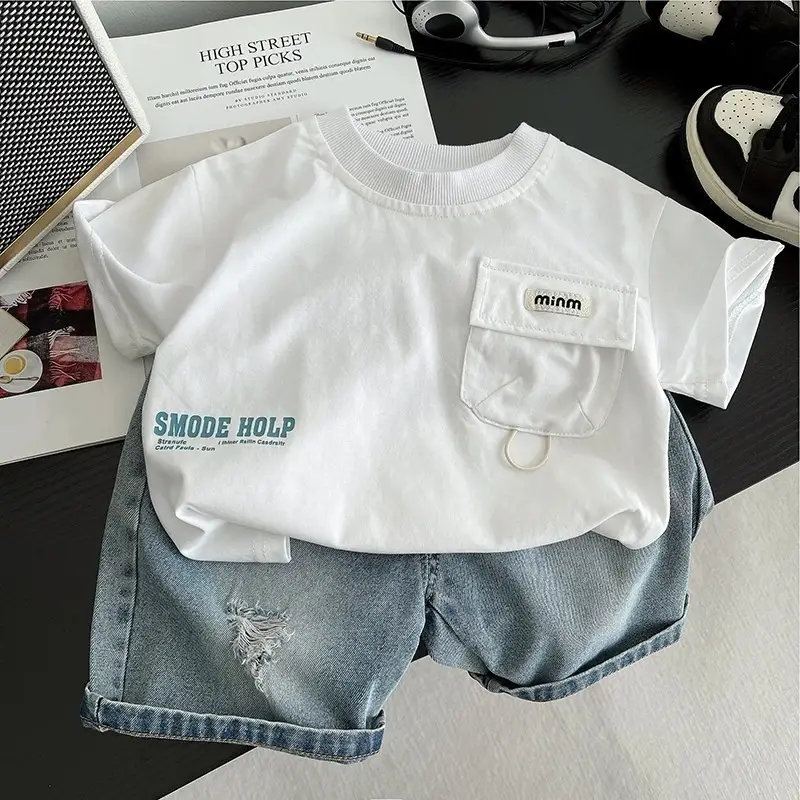 Boys White T-Shirt & Grey Shorts Set 2025 Summer