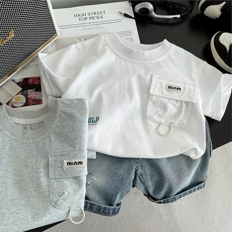 Boys White T-Shirt & Grey Shorts Set 2025 Summer