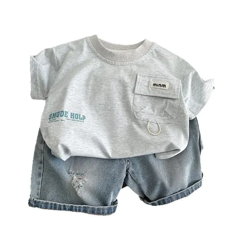 Boys White T-Shirt & Grey Shorts Set 2025 Summer