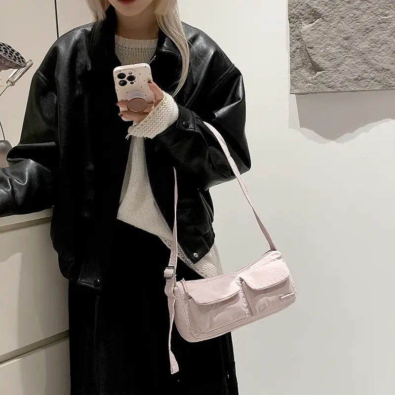 Light Pink Nylon Shoulder Bag for Women - Image 12