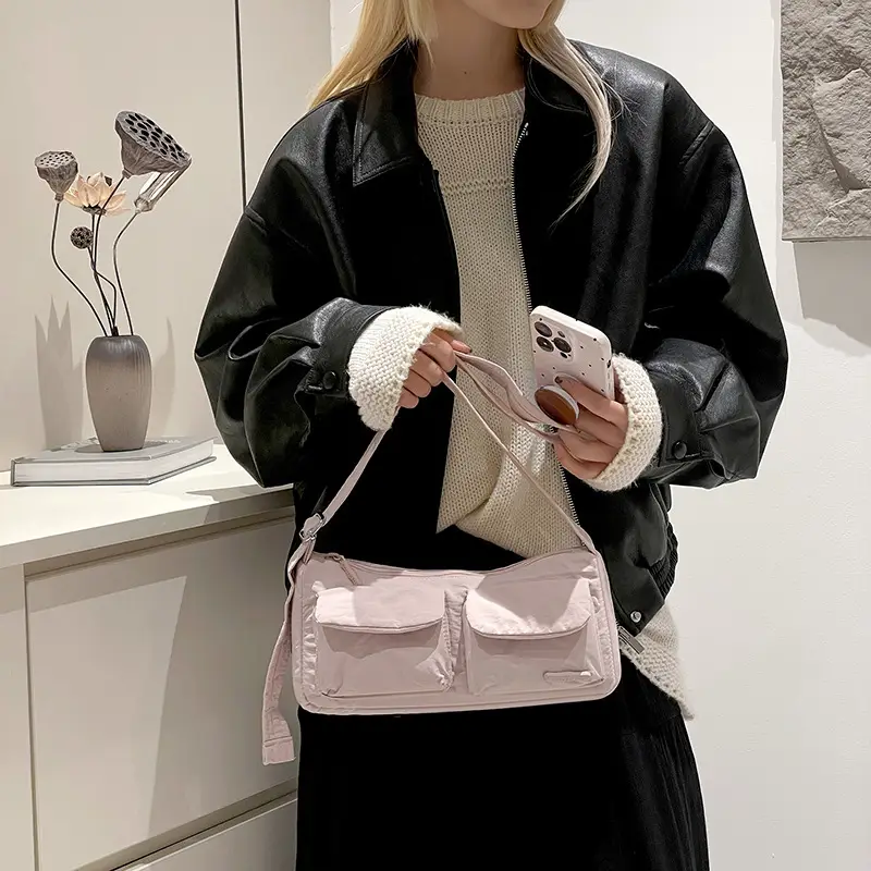 Light Pink Nylon Shoulder Bag for Women - Image 13