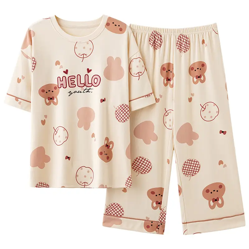 Summer 2026 New Style Women's Pajama Set with Round Neck, Three-Quarter Pants, Chest Pads, Sweet Short-Sleeve Loungewear That Can Be Worn Outside