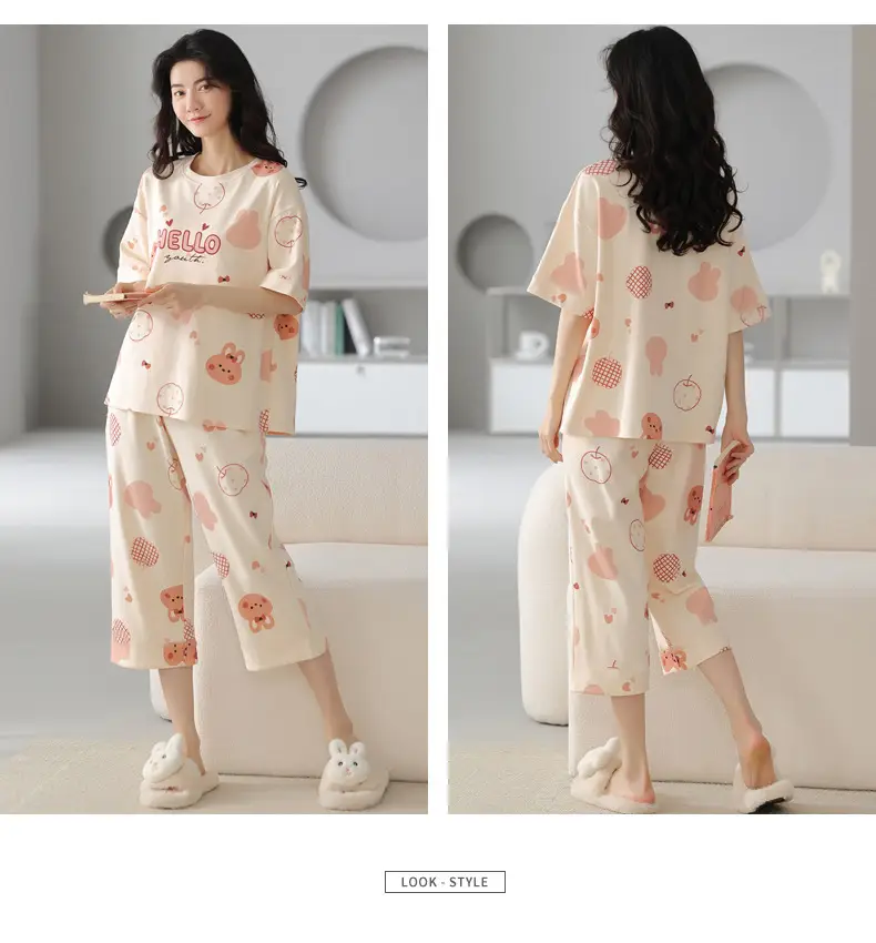 Summer 2026 New Style Women's Pajama Set with Round Neck, Three-Quarter Pants, Chest Pads, Sweet Short-Sleeve Loungewear That Can Be Worn Outside — feature 11