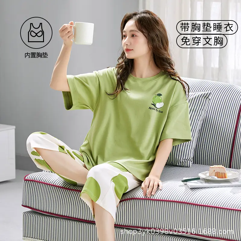 Summer 2026 New Style Women's Pajama Set with Round Neck, Three-Quarter Pants, Chest Pads, Sweet Short-Sleeve Loungewear That Can Be Worn Outside — feature 12