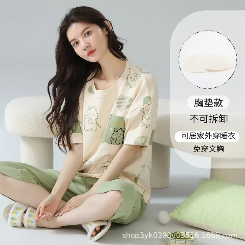 Summer 2026 New Style Women's Pajama Set with Round Neck, Three-Quarter Pants, Chest Pads, Sweet Short-Sleeve Loungewear That Can Be Worn Outside — feature 14