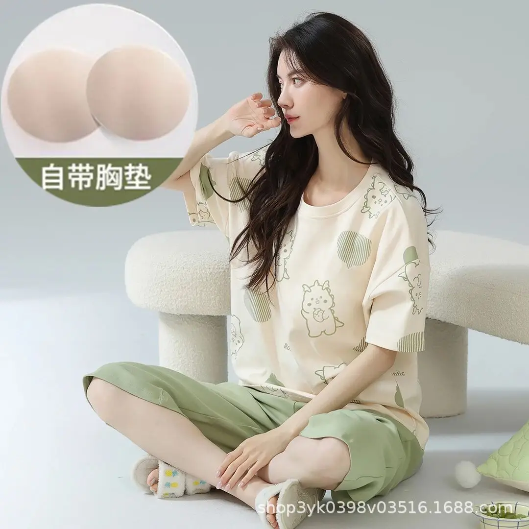 Summer 2026 New Style Women's Pajama Set with Round Neck, Three-Quarter Pants, Chest Pads, Sweet Short-Sleeve Loungewear That Can Be Worn Outside — feature 15