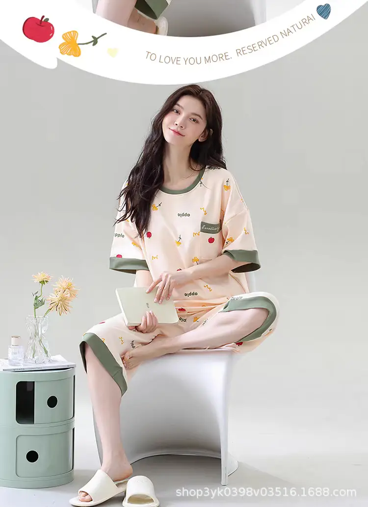 Summer 2026 New Style Women's Pajama Set with Round Neck, Three-Quarter Pants, Chest Pads, Sweet Short-Sleeve Loungewear That Can Be Worn Outside — feature 3
