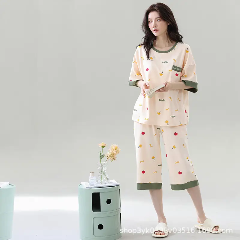 Summer 2026 New Style Women's Pajama Set with Round Neck, Three-Quarter Pants, Chest Pads, Sweet Short-Sleeve Loungewear That Can Be Worn Outside — feature 4