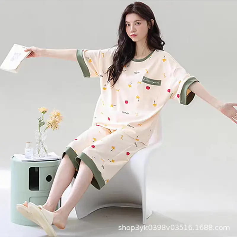 Summer 2026 New Style Women's Pajama Set with Round Neck, Three-Quarter Pants, Chest Pads, Sweet Short-Sleeve Loungewear That Can Be Worn Outside — feature 5