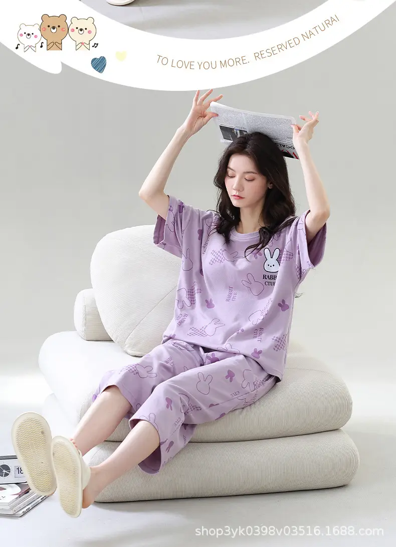 Summer 2026 New Style Women's Pajama Set with Round Neck, Three-Quarter Pants, Chest Pads, Sweet Short-Sleeve Loungewear That Can Be Worn Outside — feature 8