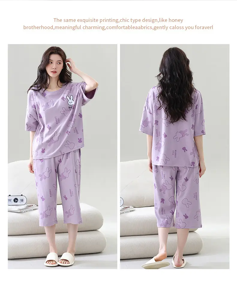 Summer 2026 New Style Women's Pajama Set with Round Neck, Three-Quarter Pants, Chest Pads, Sweet Short-Sleeve Loungewear That Can Be Worn Outside — feature 9