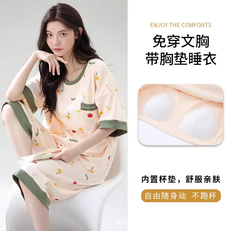Summer 2026 New Style Women's Pajama Set with Round Neck, Three-Quarter Pants, Chest Pads, Sweet Short-Sleeve Loungewear That Can Be Worn Outside