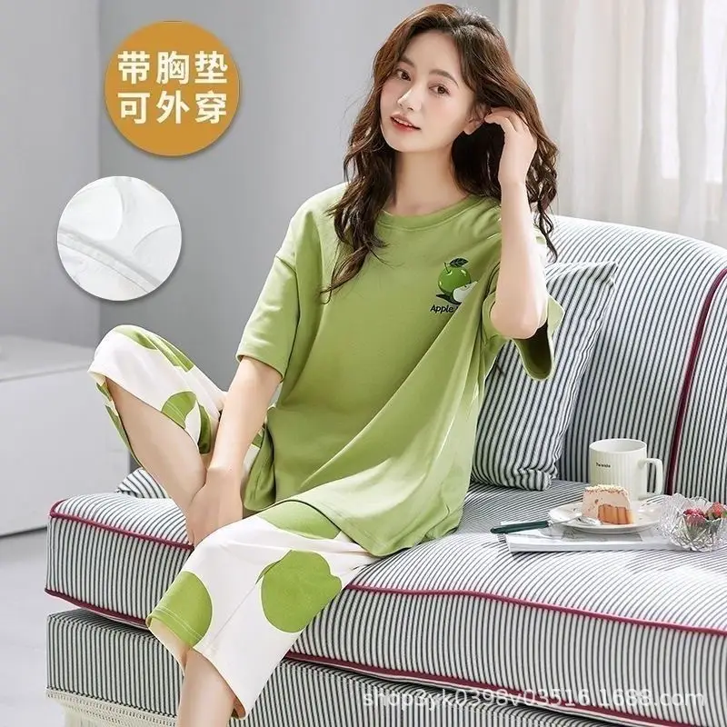 Summer 2026 New Style Women's Pajama Set with Round Neck, Three-Quarter Pants, Chest Pads, Sweet Short-Sleeve Loungewear That Can Be Worn Outside
