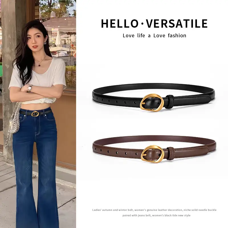Women's Brown Leather Belt with Gold Buckle - Image 8