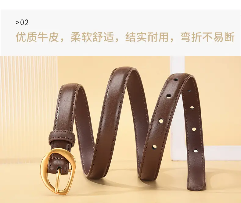 Women's Brown Leather Belt with Gold Buckle β feature 11
