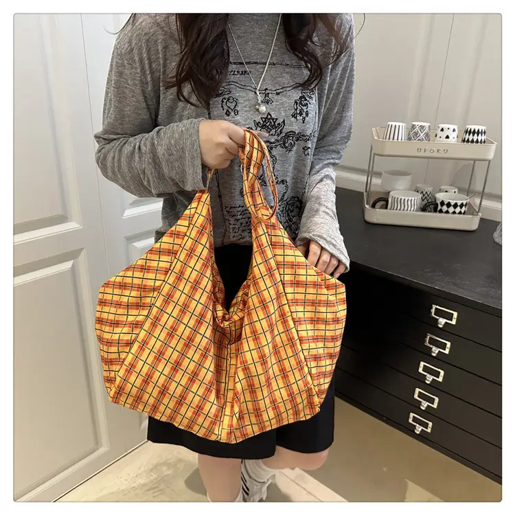 Yellow Plaid Canvas Women's Large Tote Bag — feature 13